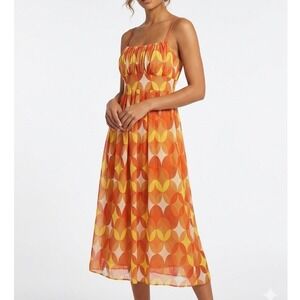 Jonathan Martin Retro Geometric Print Midi Dress 10 Smocked Tie Waist Chiffon